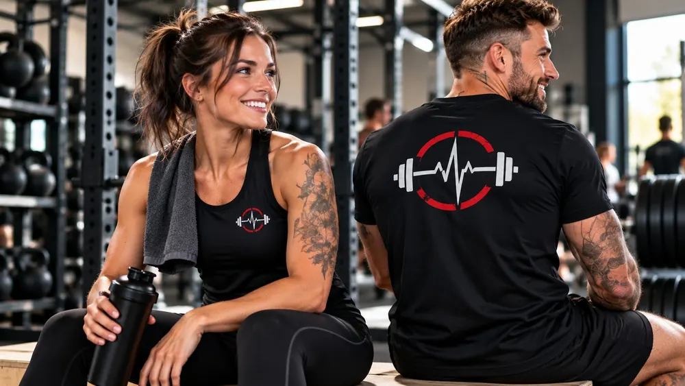 Sportlerin im Tanktop und Sportler im T-Shirt mit Hantel-Logo auf dem Rücken im Fitnessstudio