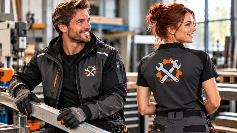 Handwerker in Arbeitsjacke und Kollegin im Polo mit Werkzeug-Logo auf dem Rücken in einer Werkhalle