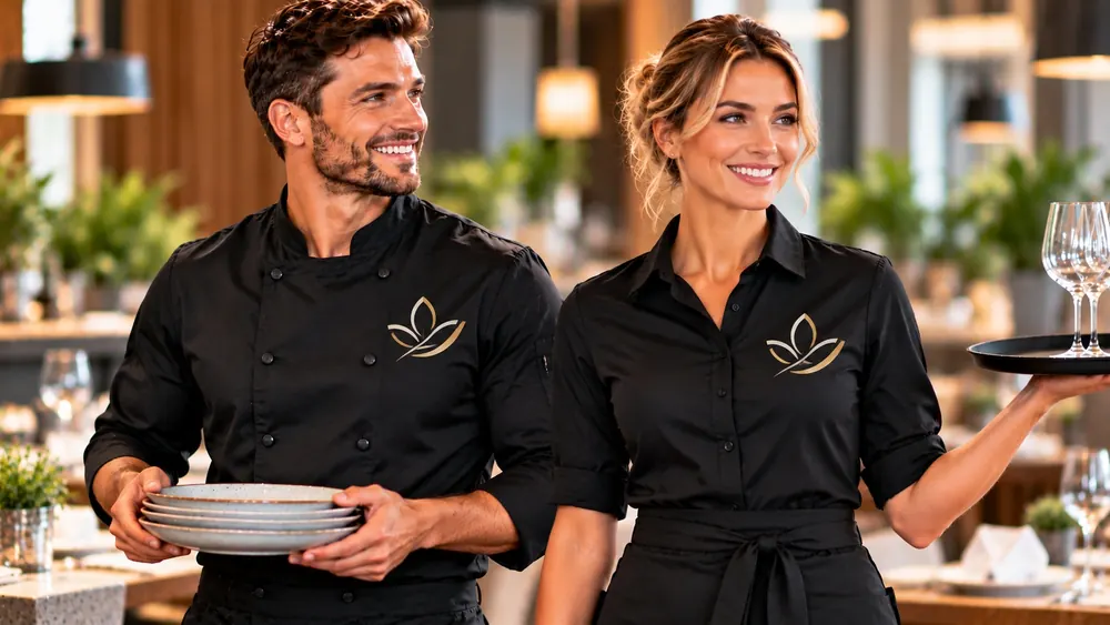 Koch in schwarzer Kochjacke und Servicekraft in schwarzer Bluse, beide mit gesticktem Logo, im Restaurant
