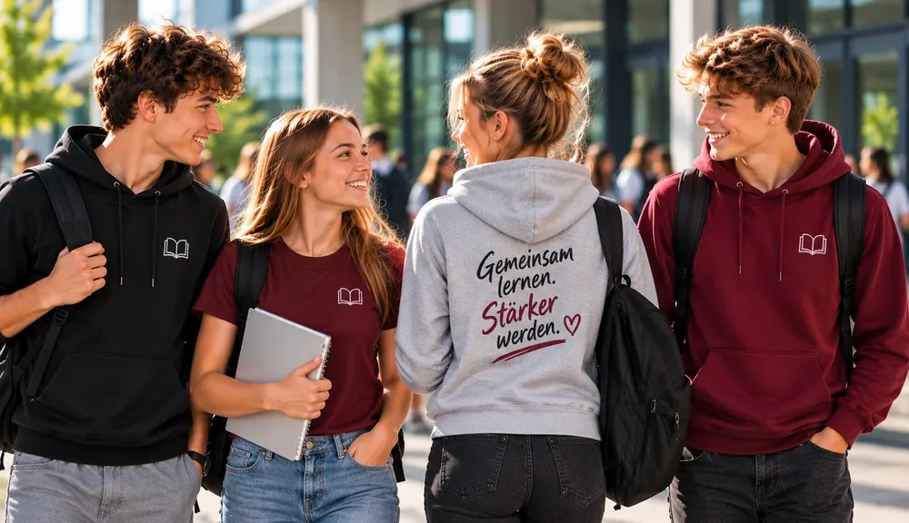 Vier Studierende in Hoodies und T-Shirts mit Buch-Logo, eine mit Rückendruck „Gemeinsam lernen. Stärker werden.“