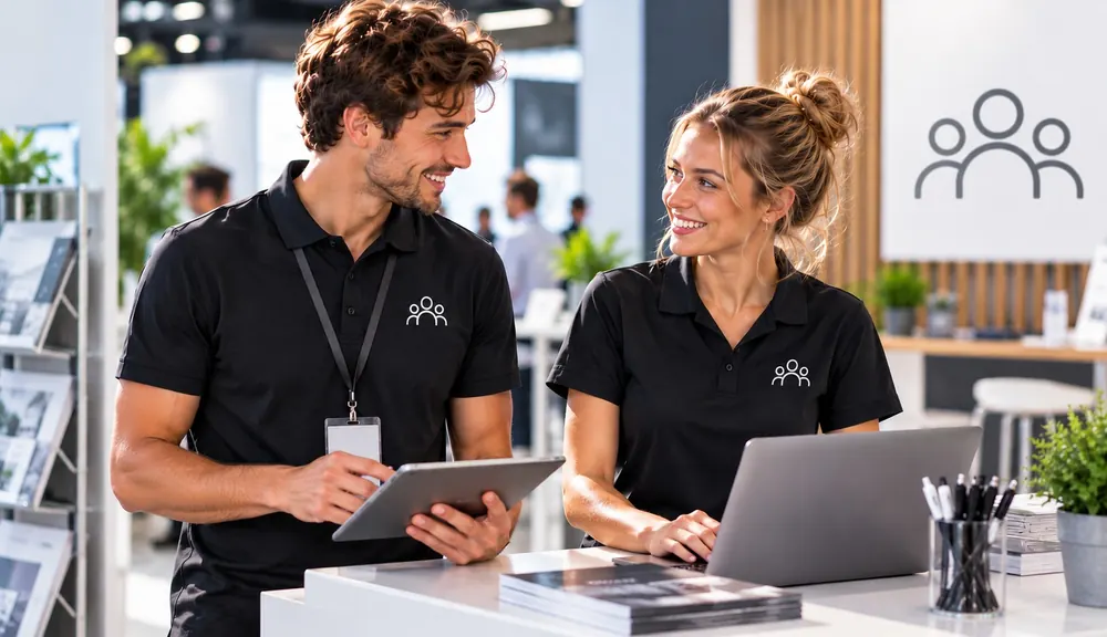 Zwei Mitarbeitende in schwarzen Polos mit gesticktem Logo am Messestand