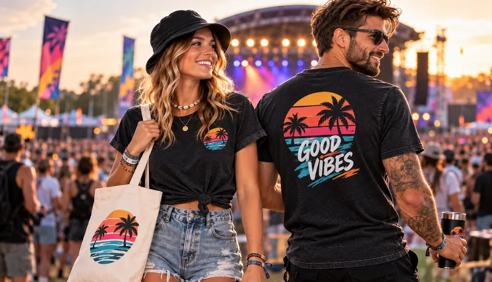 Paar auf einem Festival in schwarzen T-Shirts mit Palmenmotiv und Rückendruck „Good Vibes“, dazu eine bedruckte Stofftasche