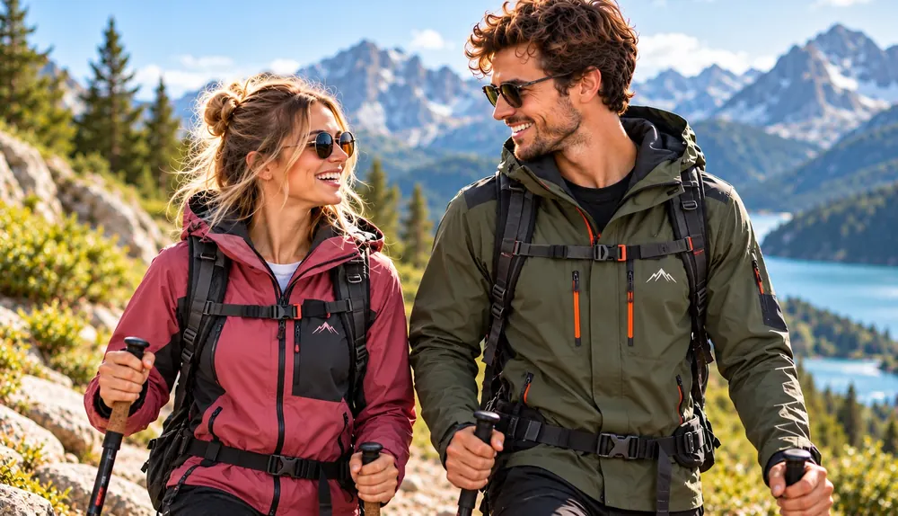 Wanderpaar in Outdoorjacken mit gesticktem Berg-Logo vor Bergsee und Gipfeln