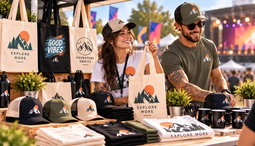 Merchandise-Stand mit bedruckten Stofftaschen, Caps, Tassen und T-Shirts, dahinter zwei Mitarbeitende