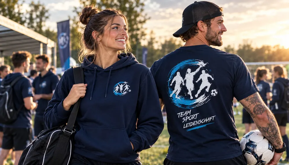 Spielerin im Vereinshoodie und Spieler im T-Shirt mit Rückendruck „Team Sport Leidenschaft“ auf dem Sportplatz