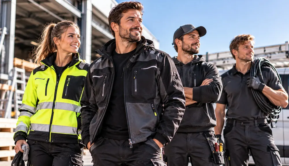 Vier Mitarbeitende in Arbeitsjacken, Hoodie und Polo, eine davon in Warnschutzjacke
