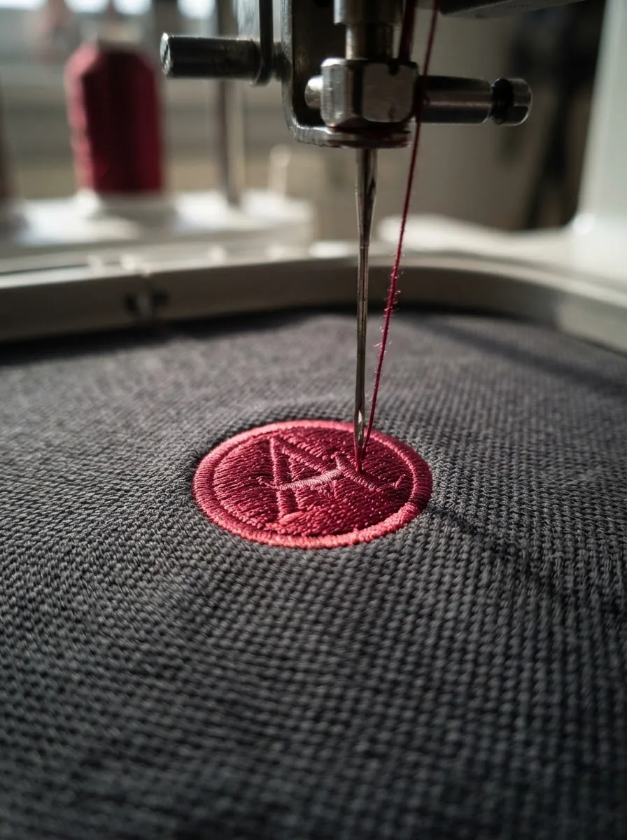 Stickmaschine stickt ein rotes Logo auf dunklen Stoff