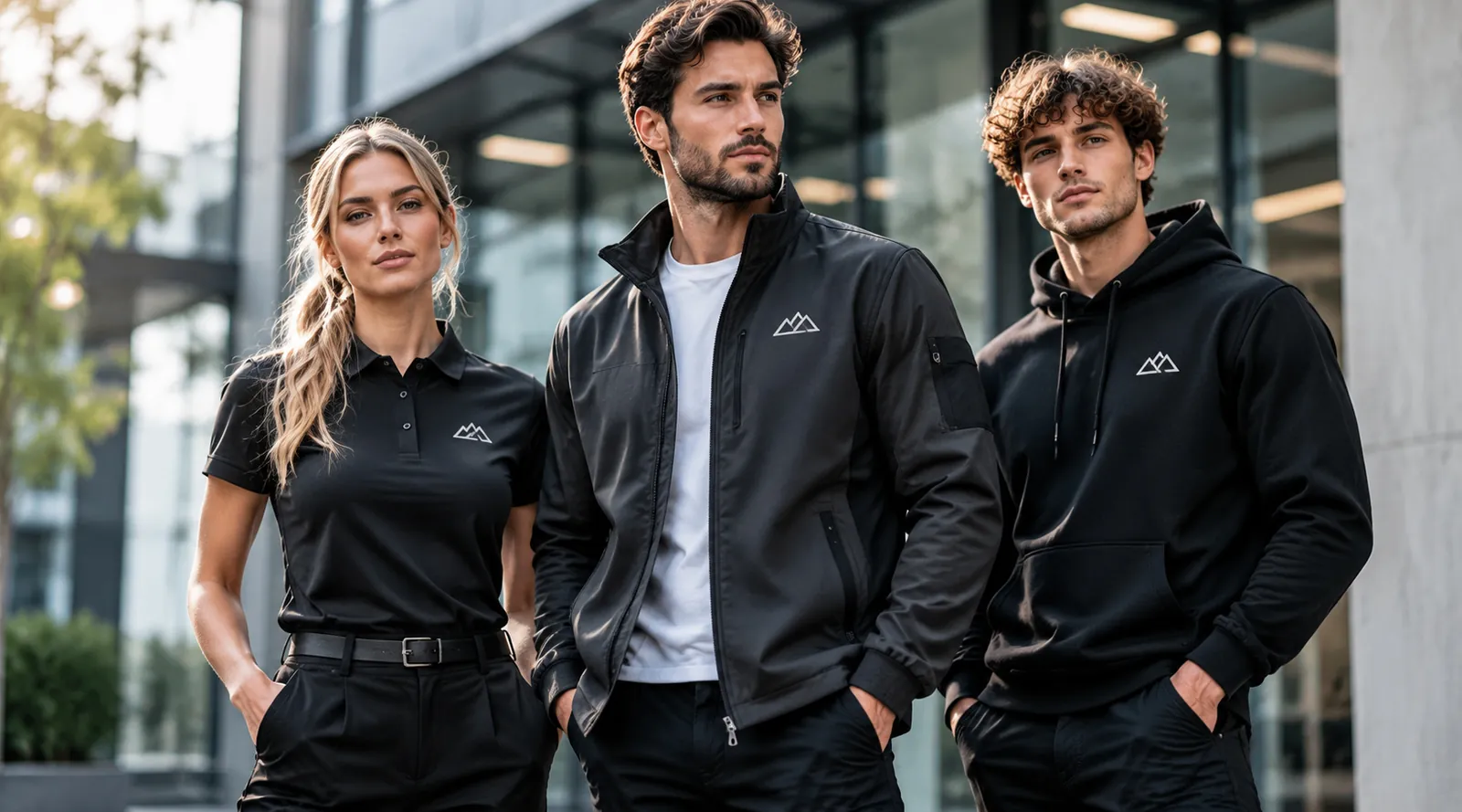 Drei Personen in schwarzer Firmenkleidung — Polo, Jacke und Hoodie mit gleichem Logo